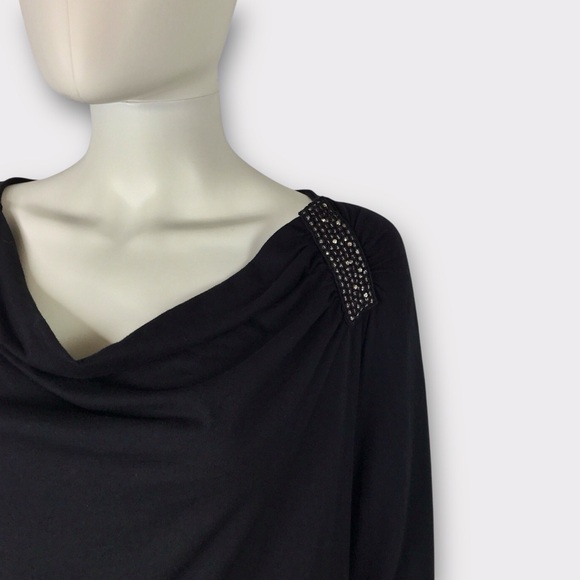 Velvet Black Embellished Tee Shirt 100% Cotton with Cowl Neck & Long Sleeves - Picture 7 of 7